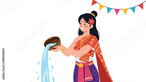 Graceful woman in traditional Thai dress happily pouring water from a coconut shell, symbolizing a cultural blessing during a festival.