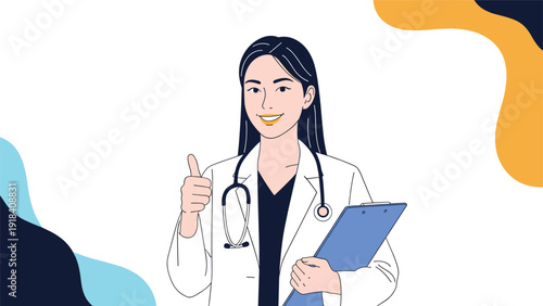 Confident and smiling female doctor in a white coat with a stethoscope, giving a thumbs-up gesture, symbolizing approval and good health.