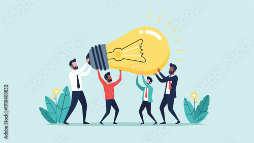 Diverse group of business professionals collaboratively lifting a giant glowing lightbulb, representing shared innovation, teamwork, and creative ideas.