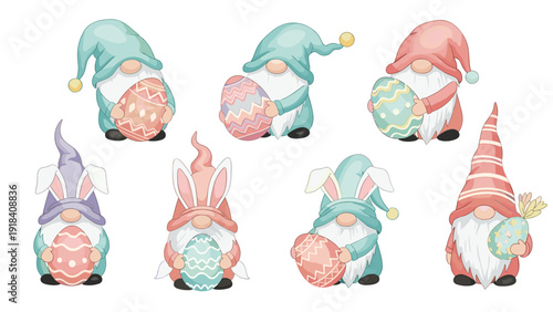 Adorable collection of colorful Easter gnomes wearing festive hats and bunny ears, happily holding decorated Easter eggs, embodying holiday cheer.