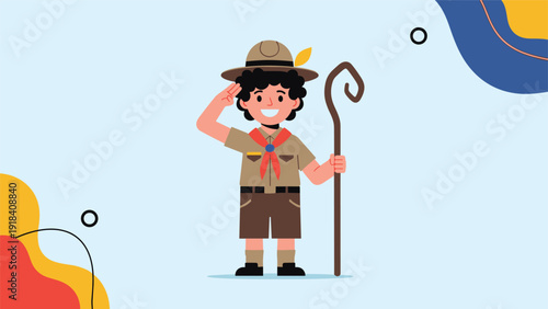Smiling boy scout with a hat and uniform saluting confidently, holding a wooden staff, set against a cheerful abstract background.