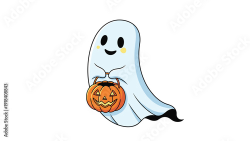 Adorable cartoon ghost with a cheerful smile, holding a carved orange jack-o-lantern bucket for trick or treating.