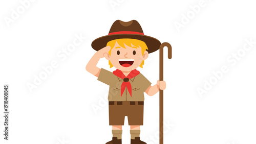 Happy blond boy scout in a traditional uniform and hat, saluting while holding a walking staff, ready for outdoor adventure.
