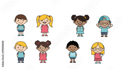 Group of eight diverse and cheerful cartoon children, boys and girls of various ethnicities, standing happily.