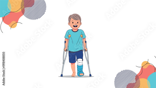 Young boy with a cast on his broken leg, walking with crutches, recovering from an injury with a cheerful expression.
