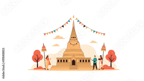 Group of people celebrating at a decorated Buddhist temple or pagoda with festive flags, representing traditional Asian culture and holidays.