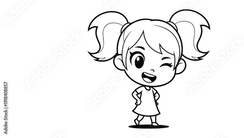 Cute cartoon girl with pigtails winking and smiling, depicted in a charming line art style, conveying playfulness and happiness.