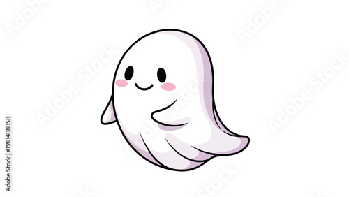 Adorable and friendly cartoon ghost with a gentle smile and rosy cheeks, gracefully floating in the air.