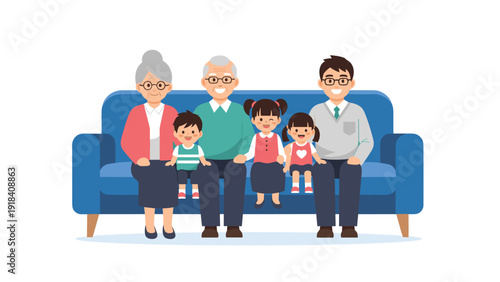 Happy multi-generational family, including grandparents, parents, and young children, sitting together on a blue couch, symbolizing unity and togetherness.