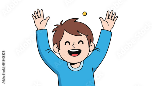 Excited young boy with arms raised in joy, looking up at a golden coin, symbolizing happiness, success, or finding money.