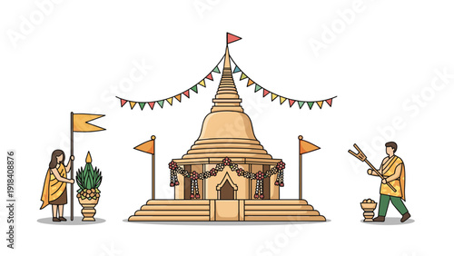 Traditional Thai temple festival scene featuring a grand sand pagoda adorned with flags and garlands, with people participating in cultural rituals.