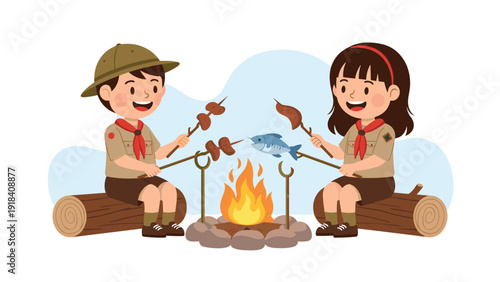 Happy boy and girl scouts roasting sausages and fish over a crackling campfire, enjoying an outdoor adventure together.