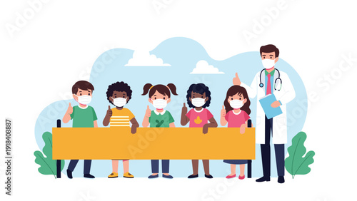 Caring doctor and a diverse group of happy children wearing protective face masks, giving thumbs up behind a blank banner.