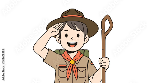 Cheerful boy scout with a backpack and hat, saluting proudly while holding a wooden staff, ready for outdoor adventure.