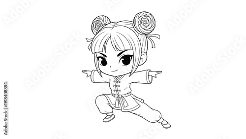 Adorable cartoon girl in traditional Chinese attire performing a kung fu pose, depicted in a charming line art style.