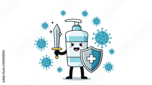 Cartoon hand sanitizer bottle depicted as a brave knight with a sword and shield, courageously fighting off viruses and bacteria.