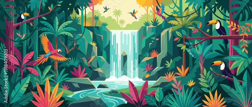 Flat Vector Illustration of a Tropical Waterfall in a Lush Rainforest with Exotic Birds like Toucans, Macaws, and Hummingbirds, Vibrant Jungle Landscape with Colorful Plants and Cascading Water
