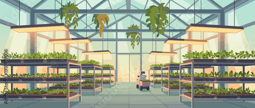 Modern Smart Greenhouse Interior with Rows of Seedlings Growing Under LED Grow Lights, Automated Robotic Cart for Plant Care, Vertical Farming Technology and Sustainable Agriculture Illustration