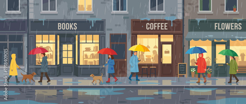 Flat Vector Illustration of a Rainy City Street Scene with People Walking Under Colorful Umbrellas Past a Bookstore, Coffee Shop, and Flower Store; Wet Pavement with Reflections and Puddles.