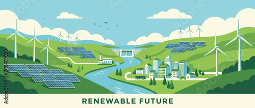 Modern Flat Vector Illustration of a Sustainable Renewable Energy Landscape with Wind Turbines, Solar Panels, Hydroelectric Dam, and a Green Eco-Friendly City for a Clean Future Environment