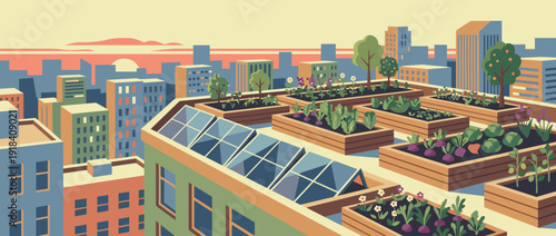 Flat vector illustration of a sustainable rooftop urban garden in a city skyline at sunset, featuring raised garden beds with vegetables and flowers, solar panels, and modern skyscrapers.