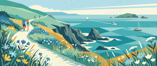 Scenic coastal cliff walk flat vector illustration featuring vibrant wildflowers, people hiking along a path, panoramic ocean views with sailboats, islands, and a clear blue sky, travel concept.