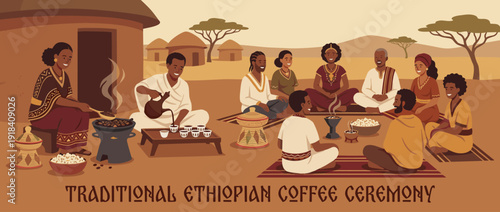 Flat vector illustration of a traditional Ethiopian coffee ceremony with people in cultural clothing roasting beans, pouring coffee from a jebena, and sharing popcorn in a savanna village.