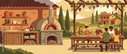 Flat Vector Illustration of a Traditional Wood Fired Pizza Oven and Outdoor Kitchen in a Tuscan Vineyard Setting with Friends Enjoying a Meal, Wine, and Pizza Under a Grape Arbor at Sunset.