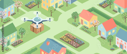 Isometric flat vector illustration of an autonomous delivery drone carrying a package over a suburban neighborhood with colorful houses, lush gardens, blooming flowers, and green trees.