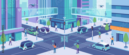 Futuristic smart city concept with autonomous self-driving cars, drones, and connected pedestrians at an intersection featuring IoT technology, digital displays, and modern urban architecture.