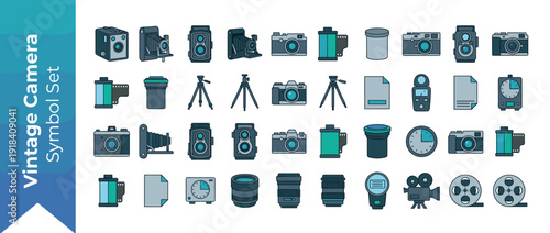 Comprehensive vector icon set of 40 vintage camera and film photography items in a flat design style. Features SLR, TLR, bellows cameras, tripods, lenses, film rolls, and darkroom accessories.