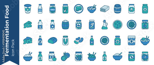 Comprehensive Collection of 36 Fermentation and Probiotic Food Icons in Modern Flat Design. Featuring Yogurt, Kefir, Kimchi, Sauerkraut, Kombucha, Miso, Tempeh, Cheese, Sourdough, Pickles, Olives.