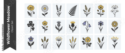 Set of Wildflower Meadow Botanical Icons in Flat Design. Collection of Floral Illustrations Including Poppy, Daisy, Lavender, Thistle, Clover, Wheat, and Fern for Nature Inspired Graphic Design.