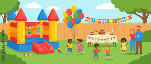 Kids birthday party celebration in a sunny backyard with a large inflatable bouncy castle, colorful balloons, a festive banner, delicious cake, and diverse children playing and having fun.