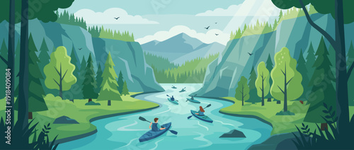 Flat vector illustration of a scenic spring river kayaking adventure through a lush forested canyon with majestic mountains, people paddling kayaks on cool blue water under a bright sunny sky.
