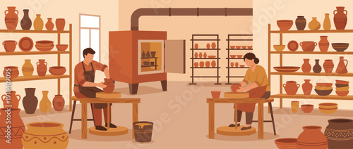 Flat Vector Illustration of a Traditional Pottery Workshop with Artisans Working on Wheels, Shelves Filled with Handmade Ceramic Vases and Bowls, and a Large Kiln in a Warm Studio Setting
