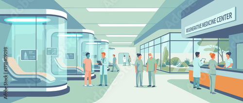 Modern Regenerative Medicine Center with Advanced Treatment Pods, Medical Staff in Scrubs, and Futuristic Hospital Interior for Innovative Healthcare, Stem Cell Therapy, and Patient Wellness.