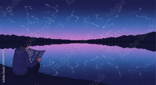 Person sitting by serene lake reading book under starry night sky with purple sunset