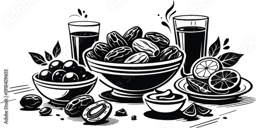 Ramadan Iftar Meal with Dates, Olives, Juice and and Lemons in Black and White Illustration