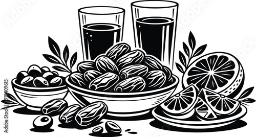 Dates, Juice, Olives and Citrus Fruits Arrangement for Iftar or Ramadan, Black and White Line Art Illustration