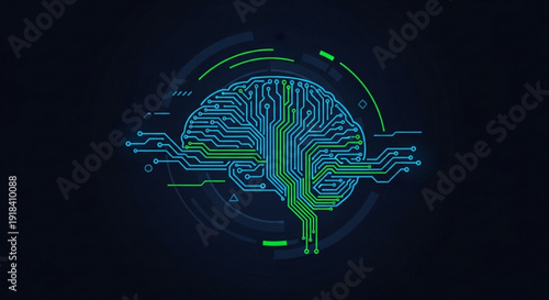 Digital brain illustration with circuit board patterns and neon blue green glow on dark background representing artificial intelligence and technology