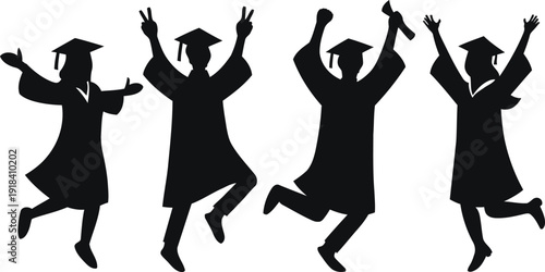 Four silhouettes of happy graduates jumping in academic caps and gowns