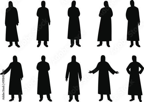 Ten black silhouettes of people wearing long cloaks in various poses