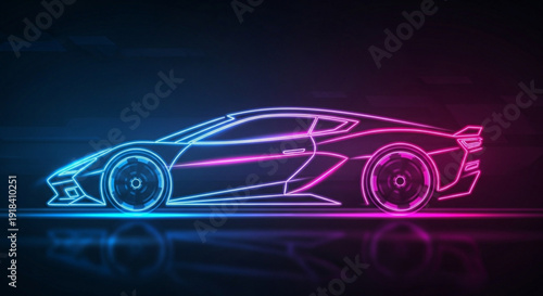Neon lit sports car with pink and blue glow on dark background with reflection