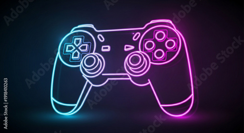 Neon illuminated game controller with glowing blue and pink lights on dark background perfect for gaming and entertainment concepts