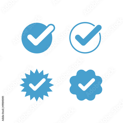 Blue checkmark icons in various shapes on white background