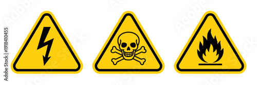 Warning signs for electricity fire and toxic hazard symbols