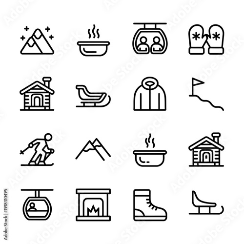Skiing and winter sports icons and symbols for travel and leisure activities