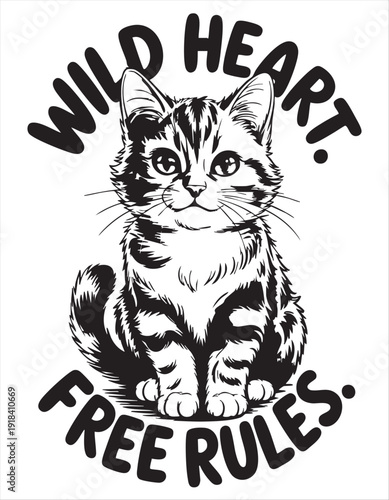 Black and white illustration of a tabby cat with text