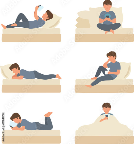 Set of 6 Vector Illustrations of a Young Man in Various Sleeping and Sitting Poses on Bed while Using Smartphone and Drinking Coffee, Ideal for Digital Wellness, Lifestyle, and Sleep Hygiene Content